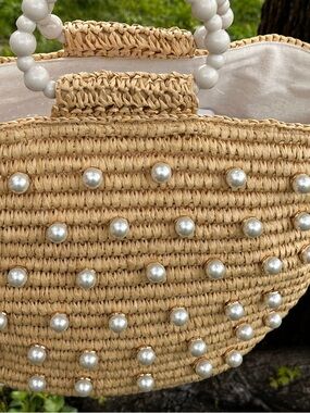 BTB Los Angeles Bag 
Pearl-Studded Straw Tote in Natural Beige